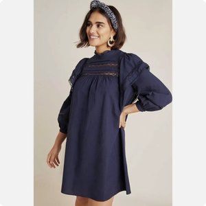NEW MAEVE ANTHROPOLOGIE Navy Fleetwood Puff Sleeve Blue Tunic Dress 10 Petite